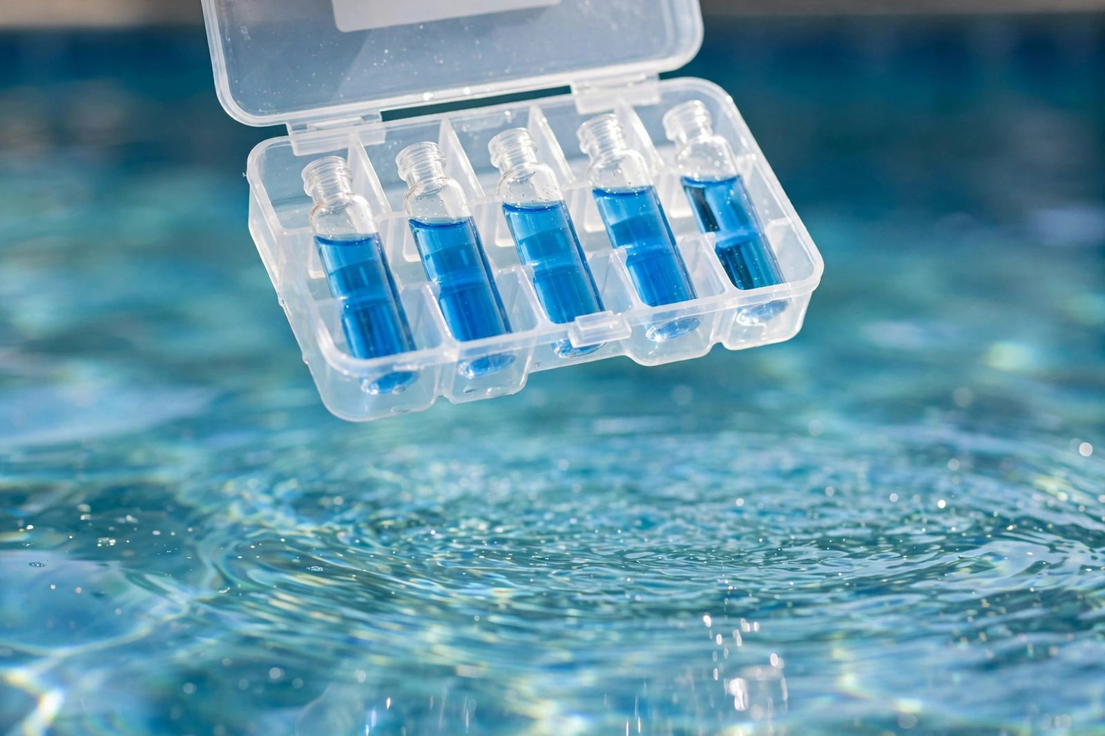 Pool water testing kit with reagent vials
